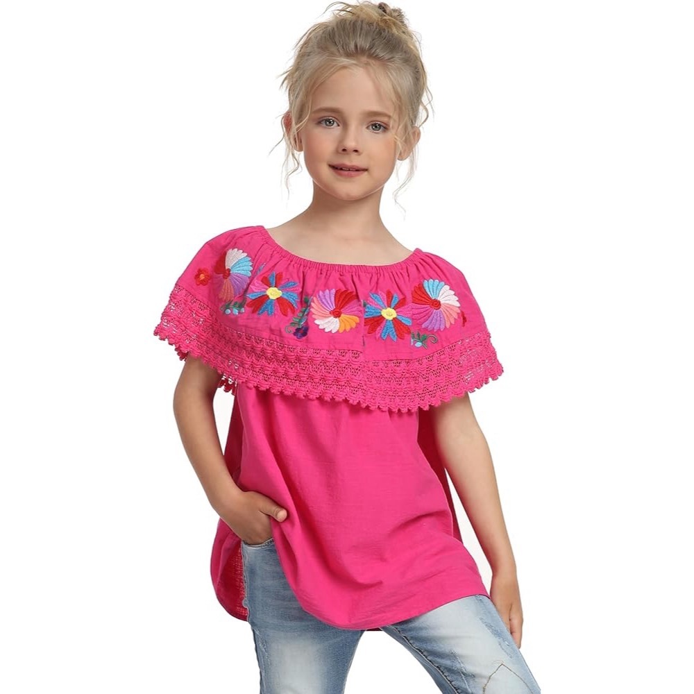 π$5 Pick!π Mexican Traditional Embroidered Off The Shoulder Peasant Lace Blouse - Picture 5 of 7